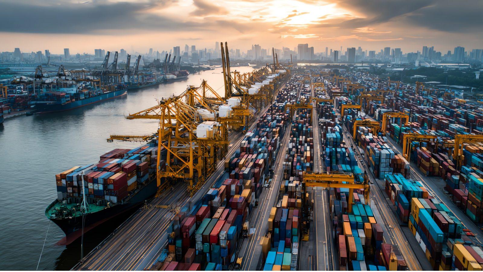 Container port from the air at sunset