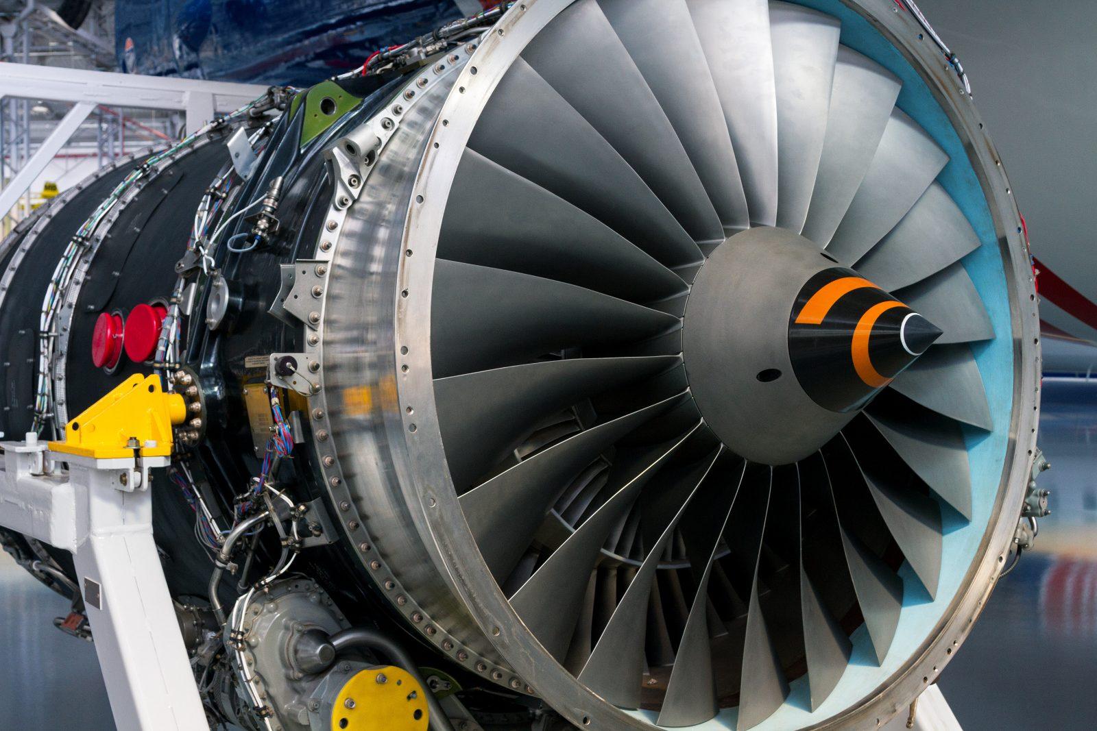 Close view of a turbofan jet engine's blades