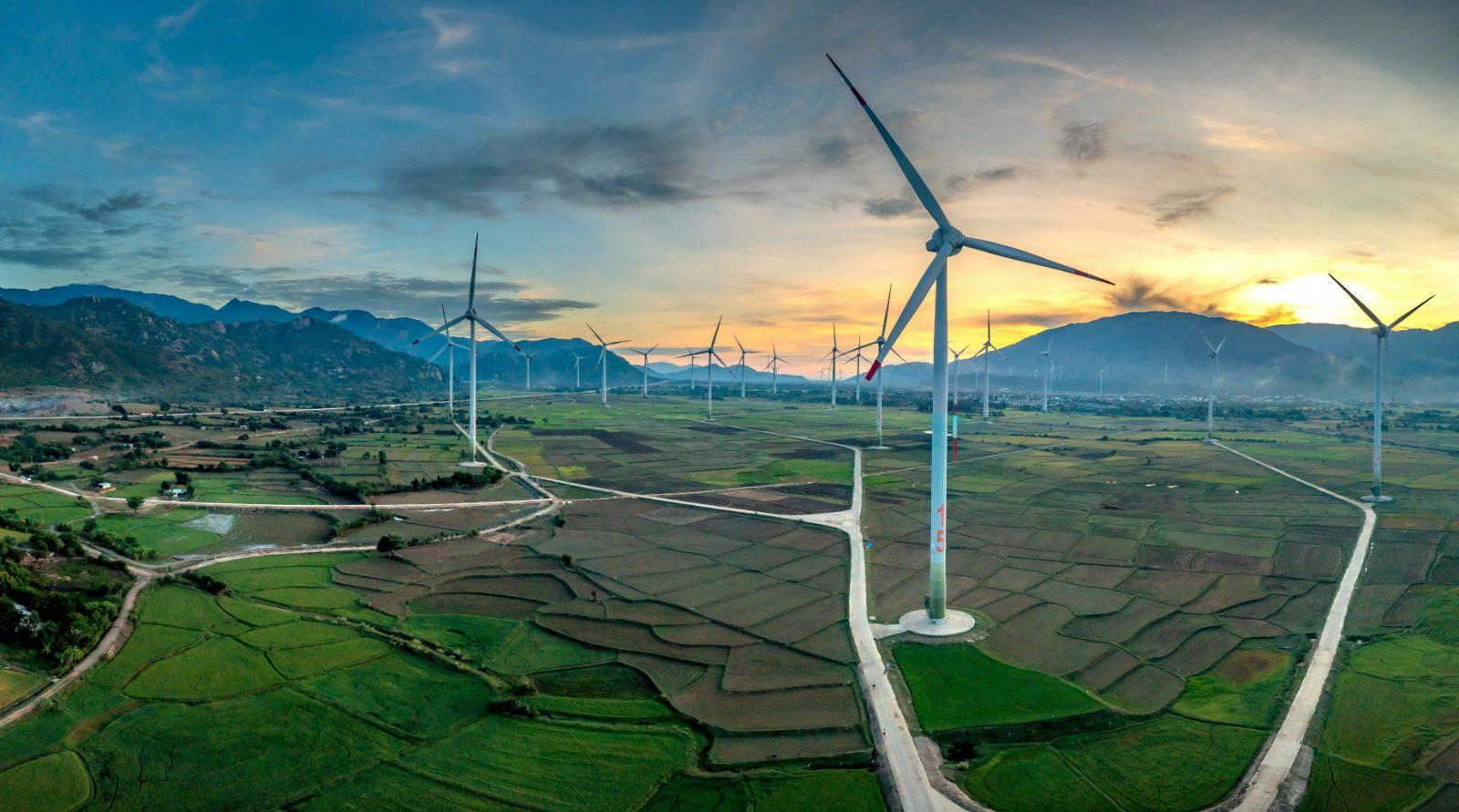 Wind turbines across farmland at golden hour